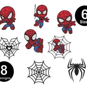 May include: A collection of digital graphics featuring four chibi-style red and blue spider-themed characters in various poses, three black spider web illustrations, and one black spider silhouette. Text includes 6 Sizes and 8 Designs.
