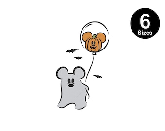 Embroidery Halloween Magic Mouse Ghost with Balloons Design, Instant Download, 6 Sizes
