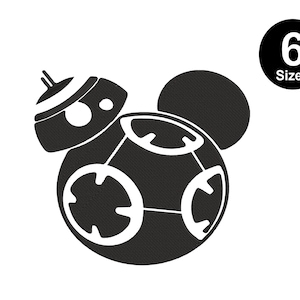 May include: Black and white silhouette of a BB-8 droid with Mickey Mouse ears. The droid is a popular character from the Star Wars franchise.