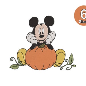 May include: Mickey Mouse sitting on a large orange pumpkin with green vines. He is wearing black shorts and yellow shoes.