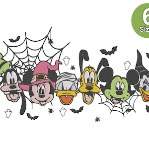 May include: A Halloween design featuring cartoon characters, including Goofy, Minnie Mouse, Donald Duck, and Mickey Mouse, with spiderwebs, bats, and ghosts. The design is available in 6 sizes, as indicated by the green circle.