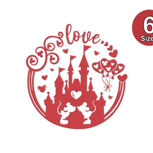 May include: Red and white silhouette of a castle with Mickey Mouse ears and the word "love" in a circle. There are hearts and Mickey Mouse ears around the castle.