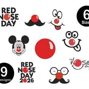 May include: A selection of Red Nose Day designs, featuring a Mickey Mouse face, a red nose with a mustache, and a large red nose. The image also includes the text "Red Nose Day" and the numbers "6 Sizes" and "9 Designs".