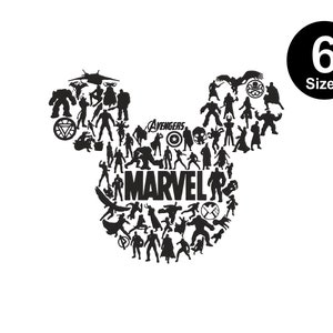 May include: Black and white silhouette of various Marvel characters forming a Mickey Mouse head shape. The word "MARVEL" is in the center of the head and "AVENGERS" is above it.
