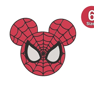 May include: Red and black embroidered patch of a cartoon mouse head with a Spider-Man mask design. The patch has a web pattern and white eyes.
