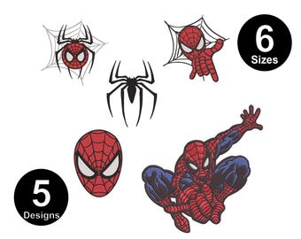 May include: Five different designs of red and black Spiderman embroidery designs. The designs include a spider web, a spider, a Spiderman head, and a Spiderman in action pose. The text "5 Designs" and "6 Sizes" is also included in the image.