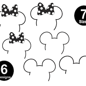 May include: Black and white polka dot bow headbands with Mickey Mouse ear outlines. The image shows 6 designs and 7 sizes. The design is simple and suitable for various crafting projects or themed events.