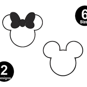 May include: Two black and white outline images of Mickey Mouse ears. The first image has a bow on top of the ears. The second image is just the ears. The text "6 Sizes" is in a black circle. The text "2 Designs" is in a black circle.