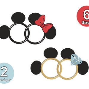 May include: Two black and white Mickey Mouse head silhouettes with interlocking rings. One head has a red bow and the other has a blue diamond ring.