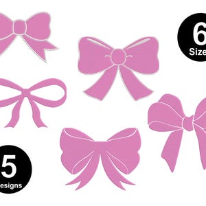 May include: Five pink bow designs in six sizes. The bows are in various shapes and sizes, with some having a more rounded shape and others having a more pointed shape.