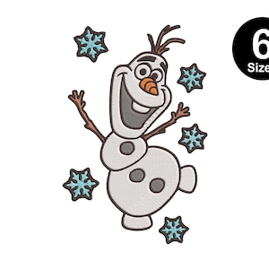 May include: A cartoon image of Olaf, the snowman from the movie Frozen, with a happy expression. He is surrounded by blue snowflakes.