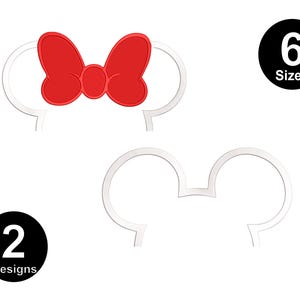 May include: Two cookie cutter designs: a pair of Mickey Mouse ears and a bow. The bow is red and the ears are white. The text "2 Designs" and "6 Sizes" is included in the image.
