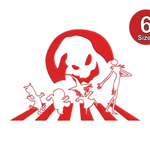 May include: Red and white embroidery design featuring a ghost, a skeleton, and two other figures crossing a street. The design includes the text "6 Sizes".