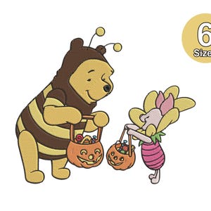 May include: Winnie the Pooh and Piglet dressed in Halloween costumes. Pooh is a bee with brown and yellow stripes and Piglet is a flower with pink and yellow petals. They are both carrying orange pumpkin-shaped trick-or-treat bags.