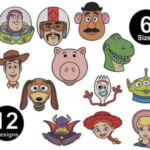 Può includere: Una collezione di 12 illustrazioni di teste di personaggi dei cartoni animati, tra cui un ranger spaziale, un cowboy, una figura di patata, un maiale, un dinosauro, un cane, una forchetta, un alieno, un cattivo, una cowgirl e un personaggio con cuffietta.