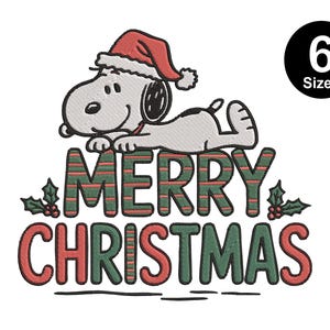May include: An embroidered design featuring a cartoon dog wearing a Santa hat, lying above the words "MERRY CHRISTMAS" in red and green. The design includes holly accents and a black circle with the number "6" and the word "Sizes".