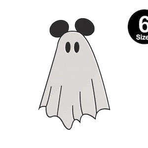 May include: A white ghost with black Mickey Mouse ears and two black eyes. The ghost is wearing a white sheet with a scalloped bottom edge. The image includes the text "6 Sizes".