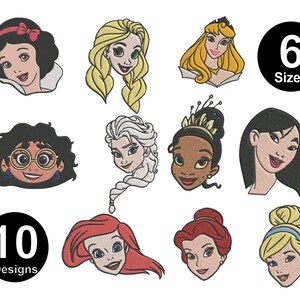 May include: A collection of ten embroidered character portraits featuring various animated figures with distinct hairstyles and facial features. The image includes two black circular badges with white text reading 6 Sizes and 10 Designs.