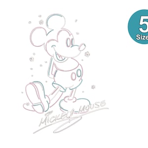 May include: Line art illustration of Mickey Mouse in pink and blue. Mickey Mouse is smiling and has his signature gloves on. The text "Mickey Mouse" is written in cursive below him.