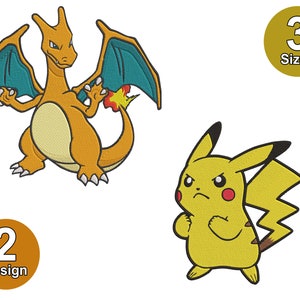 Broderidesign med Pokémon, Charizard och Pikachu, 3 storlekar (nedladdning sker direkt)