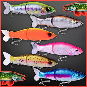 Puede incluir: Surtido de seis señuelos de pesca, con varios colores y diseños. Los señuelos están hechos de plástico y tienen formas de peces realistas. Están diseñados para atraer peces y mejorar las experiencias de pesca.