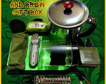 Camping Cook And Brew Gift Box: Outdoor Hiking Survival Set- Camping Cutlery- Travel Mug- Storage Pot-Camping-Hiking-Exploring-Survival