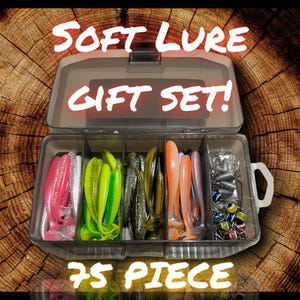 75 piece Lure fishing set.Fishing gift.Lure fishing . Soft artificial lures for jigging and Texas rig fishing. predater fish. In organizer.