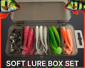 35 Piece Soft Fishing Lure Set: Jig Heads-Ripple Shad Baits- Soft Lure jig head set for lure angler. Fishing Gift- Perch lures- Pike lures.