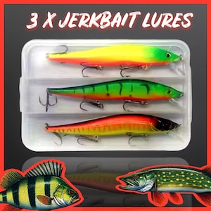 May include: A clear plastic case containing three jerkbait lures. The top lure is yellow and green, the middle one is green with black stripes, and the bottom one is red and orange. The text "3 X JERKBAIT LURES" is at the top.