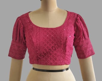Women&#39;s Chickenkari Round Neck LongSleeves Back Open Saree Blouse, party wear blouse for saree
