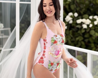 True Romance Women's One-Piece Swimsuit - Hearts and Doves Y2K Bathing Suit - Coquette Aesthetic Design
