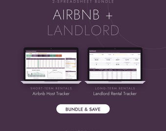 Könnte beinhalten: Ein digitales 2-Tabellen-Paket für Excel und Google Sheets mit einem Airbnb-Gastgeber-Tracker für Kurzzeitvermietungen und einem Vermieter-Miet-Tracker für Langzeitvermietungen, dargestellt auf zwei Laptop-Bildschirmen.