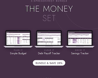 Könnte beinhalten: Ein digitales Paket aus drei Tabellenkalkulationen für Excel und Google Sheets mit dem Titel The Money Set. Es enthält ein einfaches Budget, einen Schuldenabbau-Tracker und einen Spar-Tracker auf drei Bildschirmen mit dem Text Bundle & Save 28%.