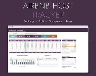 Könnte beinhalten: Eine Excel- und Google Sheets-Vorlage für Airbnb-Gastgeber mit einem Leistungs-Dashboard, das Datentabellen, Balkendiagramme und Liniendiagramme für Buchungen, Gewinn, Auslastung und Steuern enthält. Die Oberfläche zeigt Metriken in Violett, Grün und Orange.