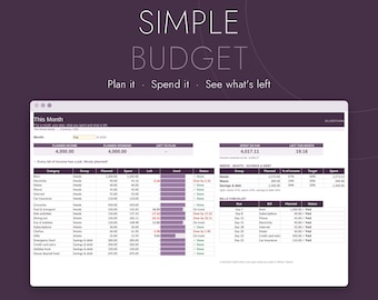 Könnte beinhalten: Eine digitale Budget-Tabellenvorlage für Excel und Google Sheets mit dem Titel Simple Budget. Die Benutzeroberfläche zeigt Finanzkategorien, geplante und tatsächliche Ausgaben, eine Rechnungs-Checkliste und Fortschrittsbalken.