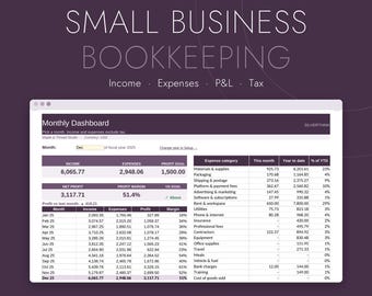 Könnte beinhalten: Eine digitale Tabellenkalkulationsvorlage für die Buchhaltung kleiner Unternehmen, kompatibel mit Excel und Google Sheets. Die Benutzeroberfläche zeigt ein monatliches Dashboard mit Einnahmen, Ausgaben, Gewinnzielen und einer detaillierten Ausgabenaufstellung.