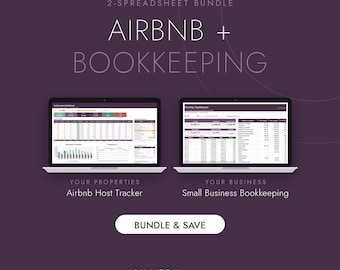 Könnte beinhalten: Ein digitales Produktpaket mit zwei Laptop-Bildschirmen, die Tabellenkalkulations-Dashboards anzeigen. Der Text lautet: EXCEL + GOOGLE SHEETS, 2-SPREADSHEET BUNDLE, AIRBNB + BOOKKEEPING, YOUR PROPERTIES Airbnb Host Tracker, YOUR BUSINESS Small Business Bookkeeping, BUNDLE & SAVE, SILVERTHINK.