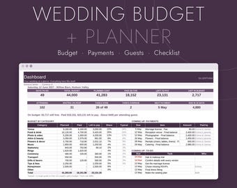Hochzeitsbudget-Tabelle für Excel und Google Sheets, Hochzeitsplaner, Zahlungsübersicht, Gästeliste, RSVP-Liste, Sitzplan, Checkliste