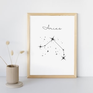 Znak zodiaku Baran Wydruk, Astrologia, Grafika liniowa, Plakat, Czarno-biały, Sztuka ścienna, Prezent urodzinowy, Sztuka do pobrania, Sztuka do wydruku