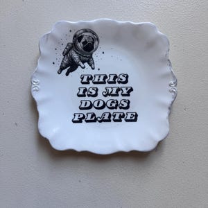 Può includere: Piatto bianco con bordo smerlato con un'illustrazione in bianco e nero di un carlino in tuta spaziale. Il piatto ha il testo "THIS IS MY DOGS PLATE" in lettere nere. Un accessorio per animali domestici unico e divertente.