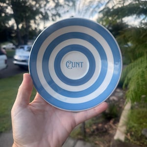 Può includere: Un piccolo piatto rotondo in ceramica con strisce concentriche blu e bianche. La parola "CUNT" è stampata al centro del piatto in un carattere stilizzato. Il piatto è tenuto in mano da una persona.