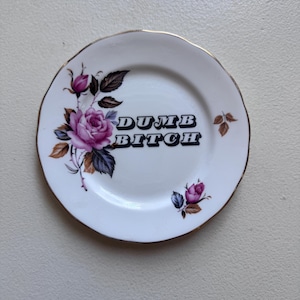 Può includere: Un piccolo piatto in ceramica bianca con bordo dorato. Il piatto presenta un motivo floreale con rose rosa e le parole "DUMB BITCH" in lettere nere.