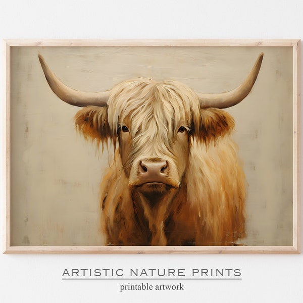 Highland Cow Print, Scotland cow Oil Painting, Farm animal printable wall art, Digital download