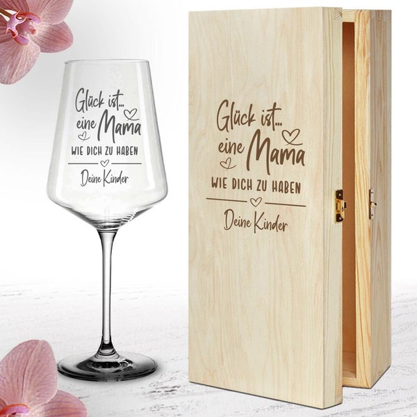 Weinglas für Mama - Glück ist... Dein Wunschname - Geschenkidee - Muttertag - Geburtstag - Weihnachten optional mit Kiste