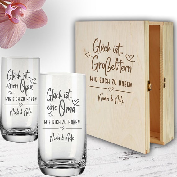 Geschenk Großeltern Trinkgläser mit Gravur Leonardo Geschenkset für Oma und Opa Geburtstag Weihnachten optional mit Holzkiste Glück ist