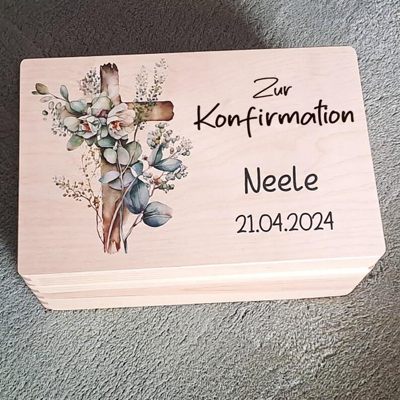 Erinnerungskiste Konfirmation Erinnerungsbox mit Kreuz Blumen Personalisiert Bild 3