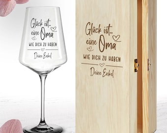 Weinglas für Oma- Glück ist... Dein Wunschname - Geschenkidee - Muttertag - Geburtstag - Weihnachten optional mit Kiste