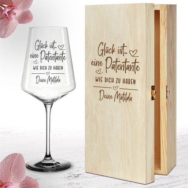 Weinglas Patentante- Glück ist... Dein Wunschname - Geschenkidee - Patengeschenk Taufe- Geburtstag - Weihnachten optional mit Kiste