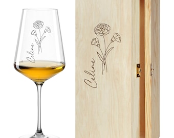 Weinglas mit Gravur - Geburtsblume - Geschenkidee Frauen - moderne Schrift - Geburtstag - Weihnachten optional mit Holzbox