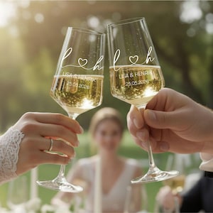 May include: Two clear glass champagne flutes filled with sparkling liquid. Each glass features white etched text reading L and H connected by a heart, with the names LISA & HENRIK and the date 25.05.2026 printed below the initials.